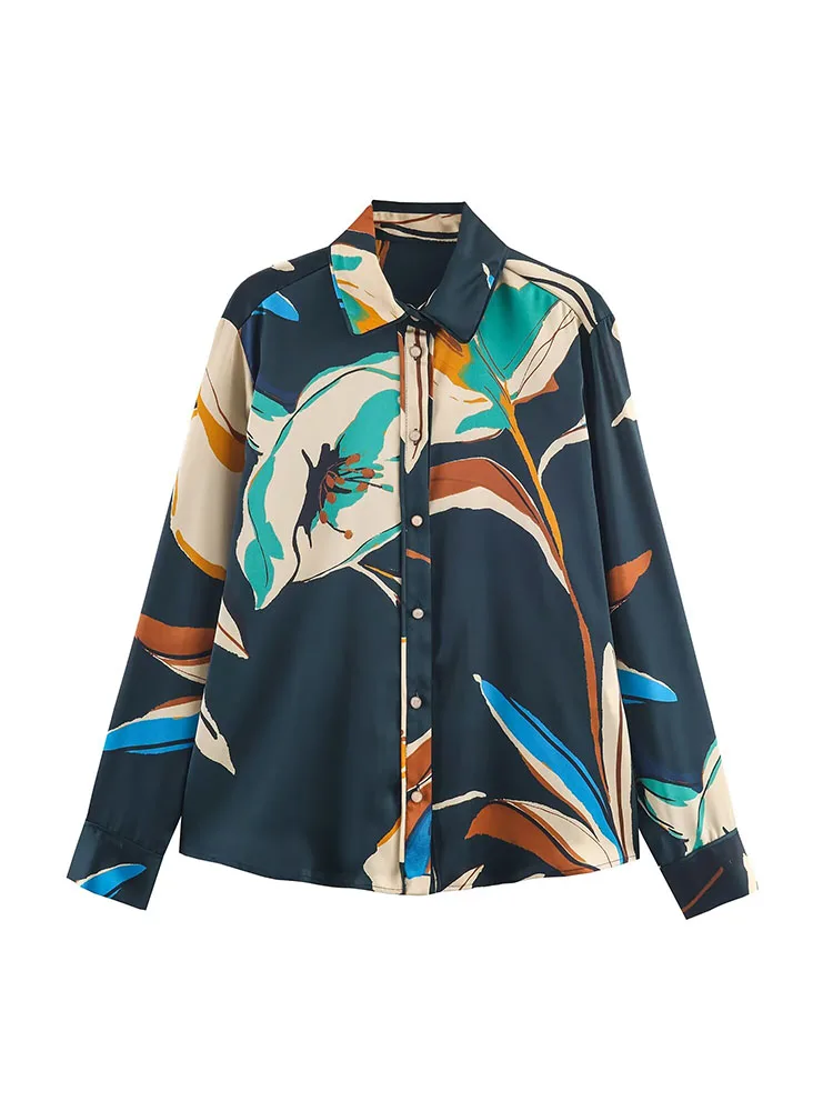 

2025 Women Autumn Shirts Blouses Tops Vintage Print Satin Turn-Down Collar Female Elegant Street Tops Clothing