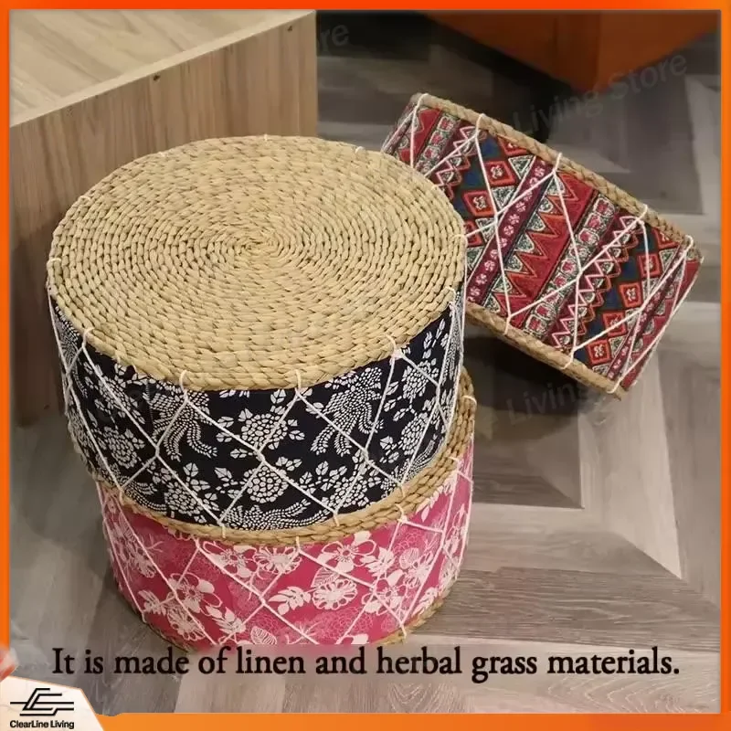 for Hand Woven Grass Vine Bohemian Style Portable Floor Mat Stool Seat Cushion Foot Stool Meditation Seat Living Room Bantam
