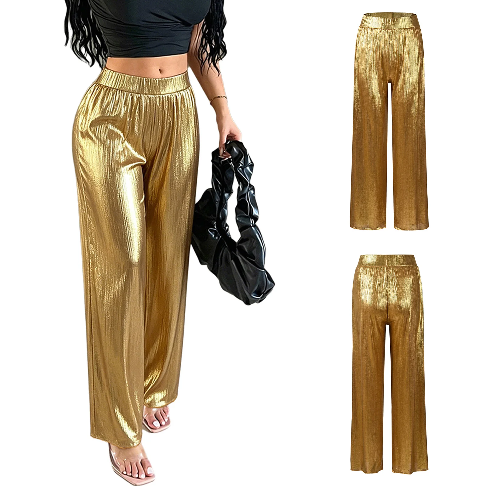 

Women Metallic Wide Leg Pants Shiny Elastic Waistband Straight-leg Trousers Party Pants Clubwear for Music Festival Stage
