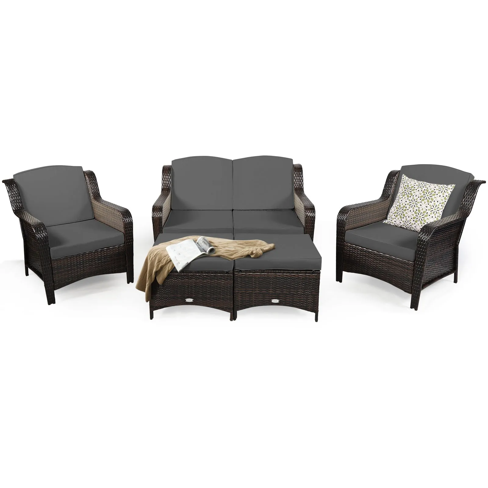 

5 PCS Outdoor Furniture Set Outdoor Rattan Conversation Cushioned Sofa Set Grey