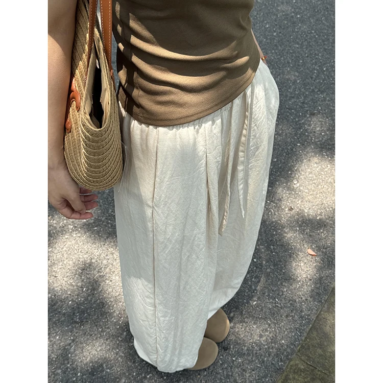 Koreańskie spodnie damskie z prostym, elastycznym pasem, sznurkiem, krojem typu knife, na lato 2025, nowe, przewiewne, przyjazne dla skóry, z bawełny i lnu, do ziemi...