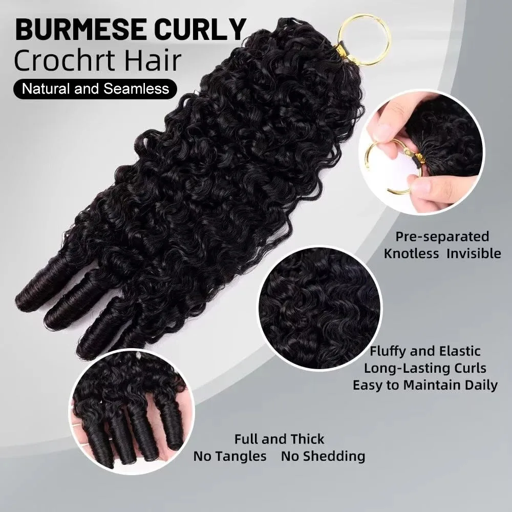 Burmese Curly Crochet Human Hair Feather Extension Pre Separated Knotless Reusable Pre Looped Crochet Hair Water Wave