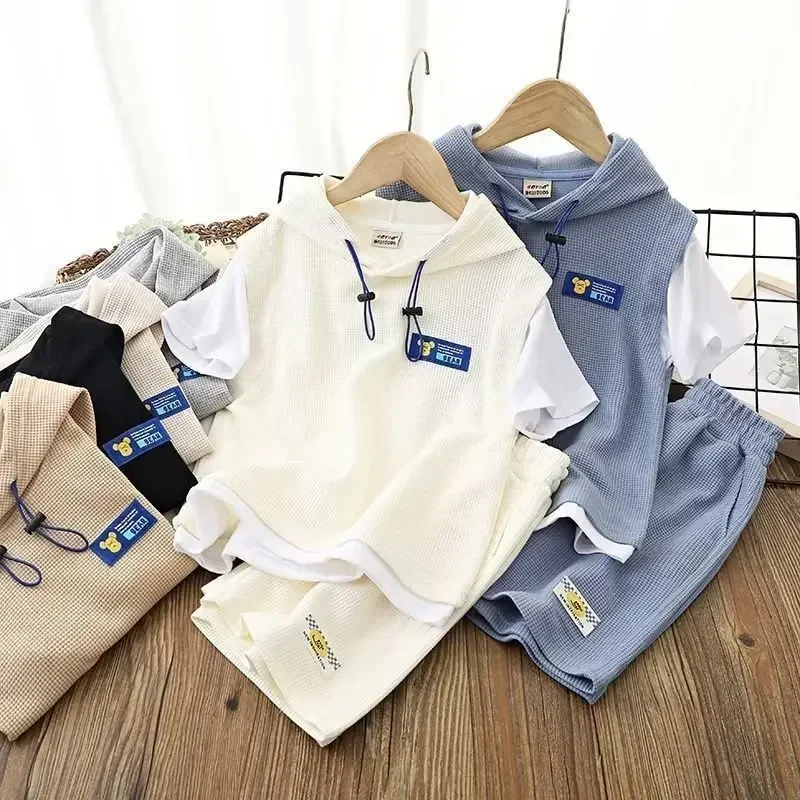 Baby Boy Clothes Set Summer Hoodies T-shirts and Shorts Suit Children Girls Waffle Patchwork Top Bottom 2pcs Outfits Tracksuit
