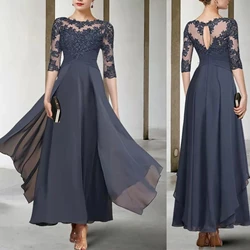 Chiffon Mother Of Bride Dresses Half Short Sleeves Lace Applique Ankel Length Groom Mum Gowns Wedding Party Guest Dress