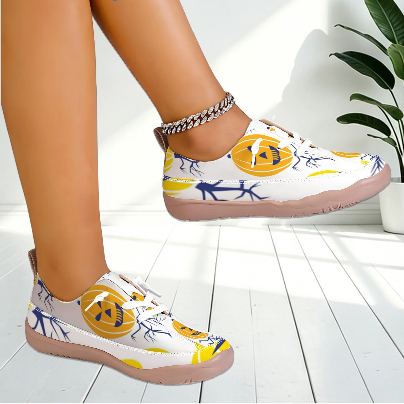 Women Pumpkin Print Wide Toe Sneakers Light Flat Breathable Shoes For Festival Travel Long Standing Walking