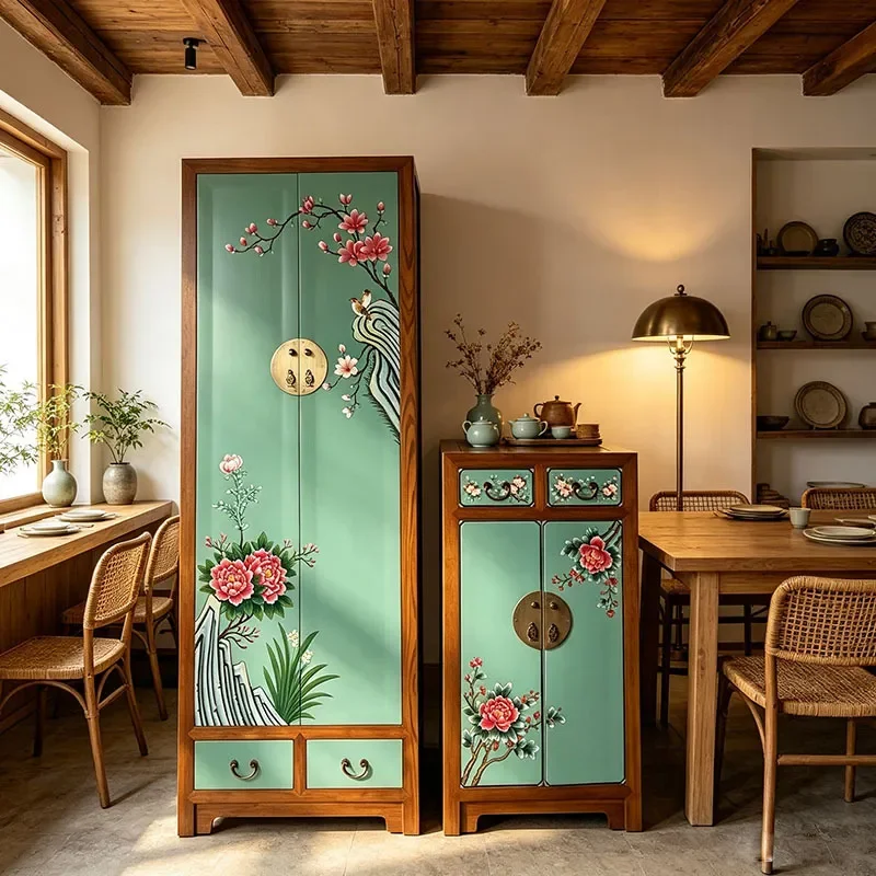 for New Chinese Style Imitation Classical Furniture Shoe Cabinet Solid Wood Old Painted Entrance Cabinet Storage Red Hand