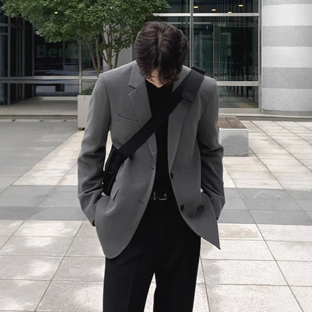 Italian Loose Blazer Jacket Men's Casual Grey Suit Jacket