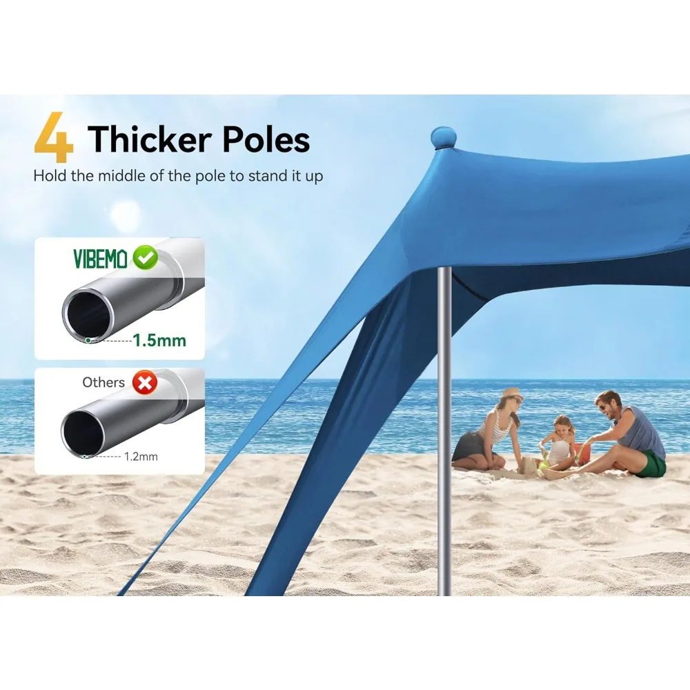 Outdoor beach canopy pop-up sunshade with 8 sandbags, 10 x 10 feet, including sand shovels, ground studs, and stabilizer bars