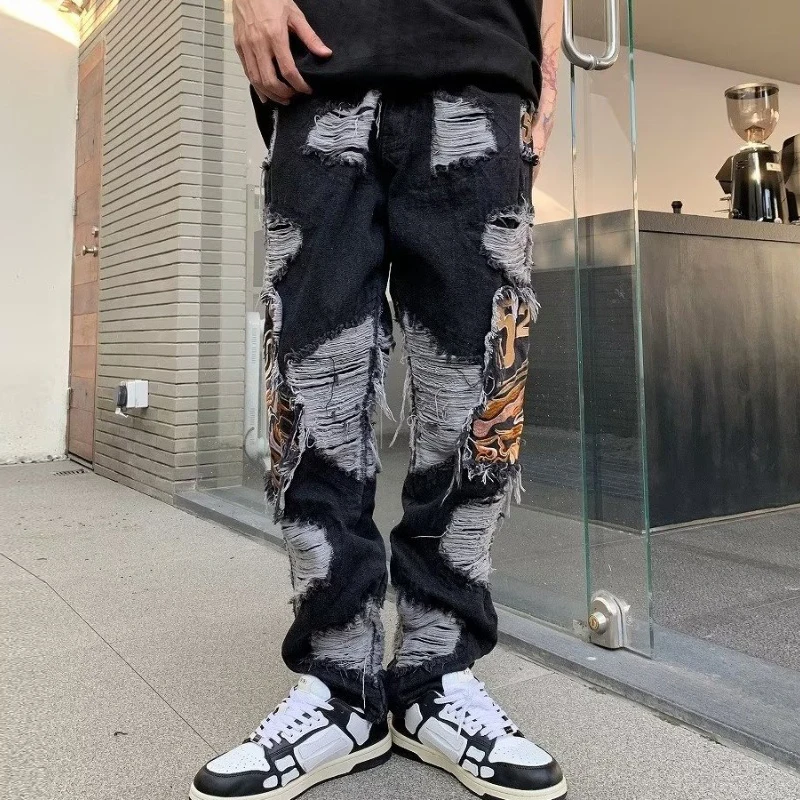 

Vintage Y2K Men Jeans Ripped Design Patchwork Straight Denim Pants Streetwear Mens Hip Hop Loose Embroidery Jean Trousers Spring