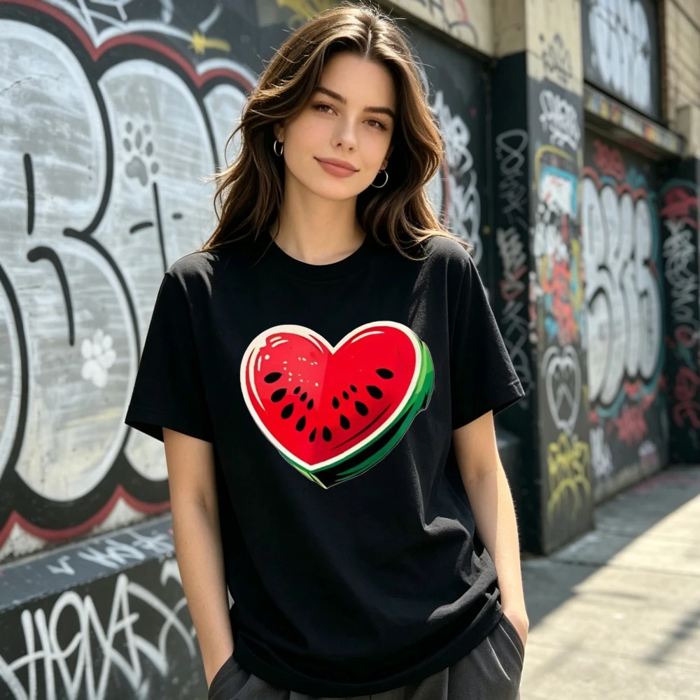with HeartShaped Watermelon Print Casual RoundNeck Top for Womeni01Casual Crew Neck Top Comfortable Women's Wear