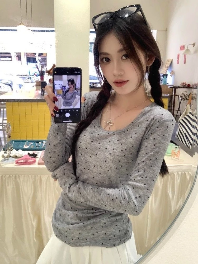 Cseta is de punto de manga larga con cuello en U y lunares para mujer, csa básica ajustada de verano, ropa interior t...