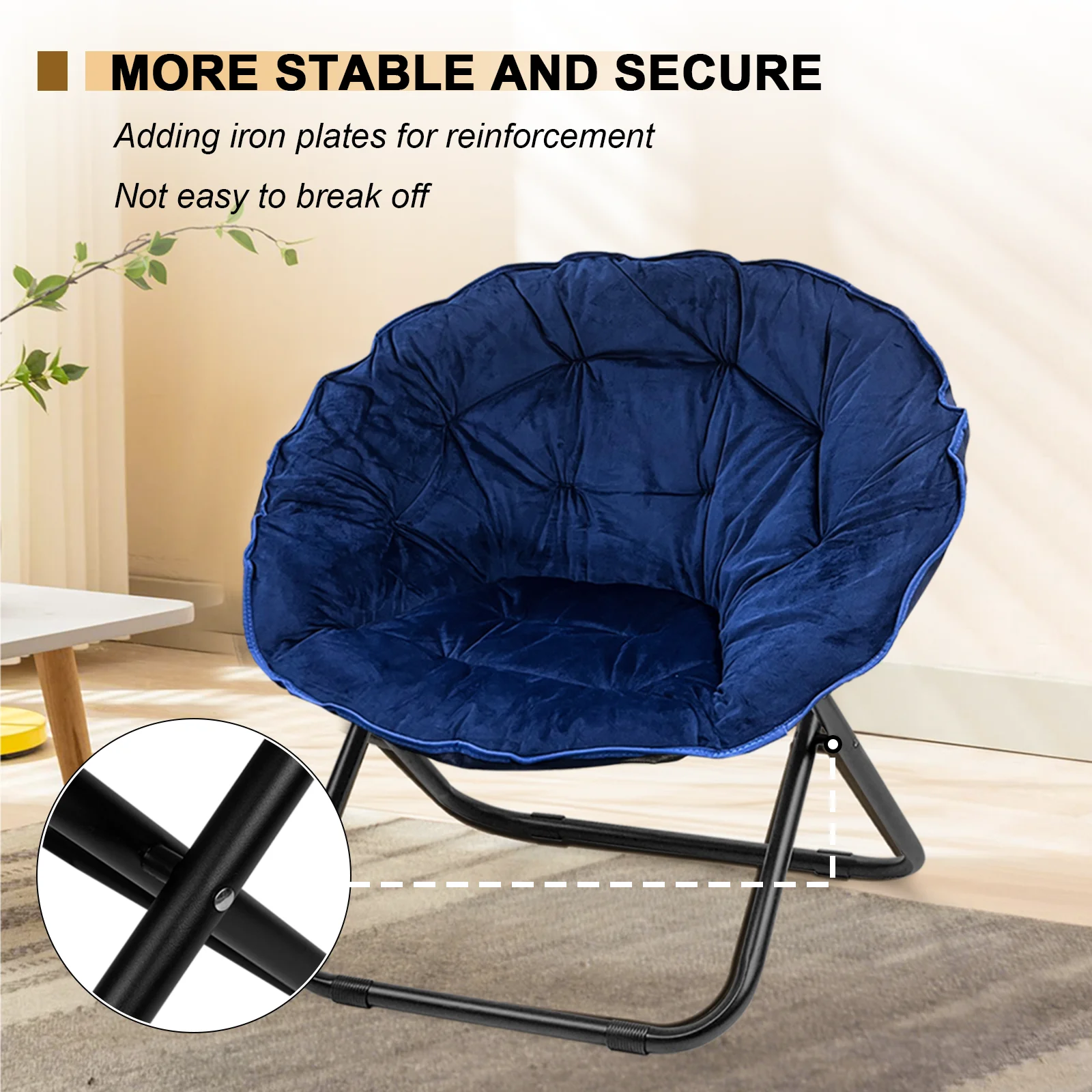Grezone Round Foldable Saucer Chair, Moon Chair with Metal Frame for Bedroom