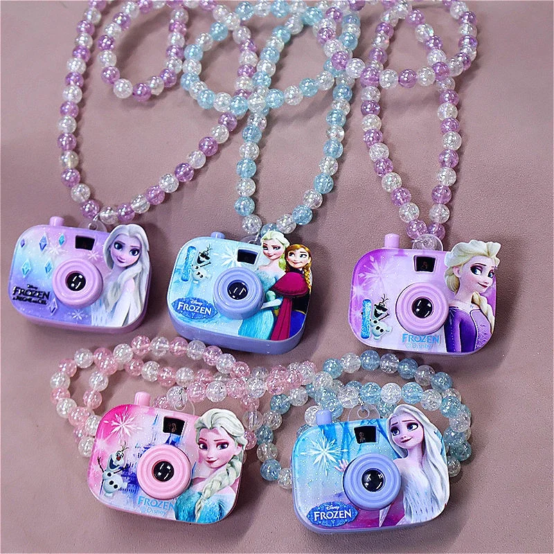 Disney Frozen Series Pattern Projection Camera Necklace Students Beaded Cute Children's Fun Gift Neck Chain Kid's Jewelry Toys