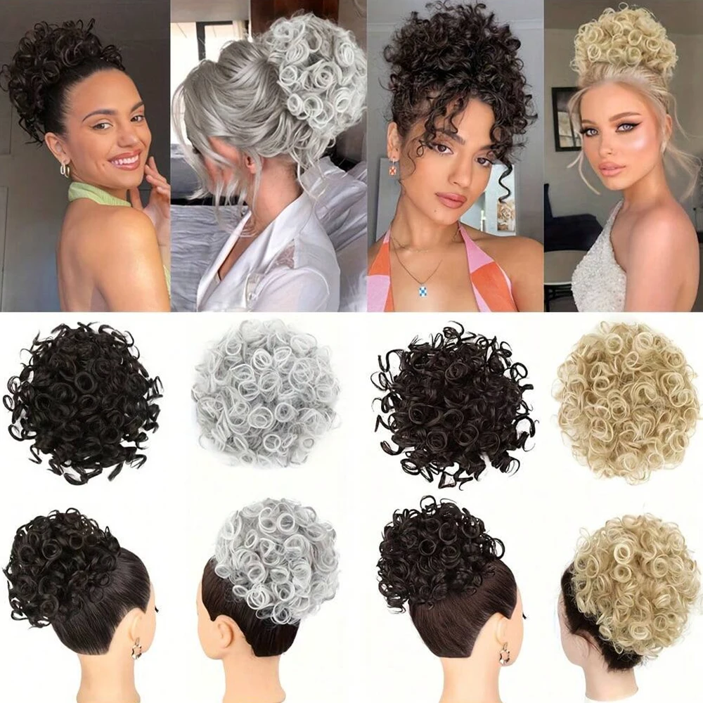 Messy Curly Hair Bun Ponytail Extensions Wig Synthetic Curly Wavy Hair Ponytail with Drawstring&Combs for Women Daily Party Wear