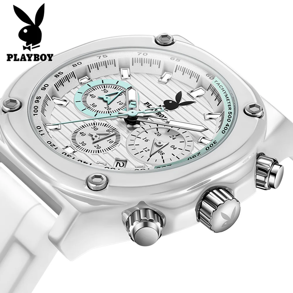 PLAYBOY Top Brand Original Luxury Waterproof Watch for Men Silicone Strap Calendar Luminous Fashion Quartz Men\'s Wrist Watches