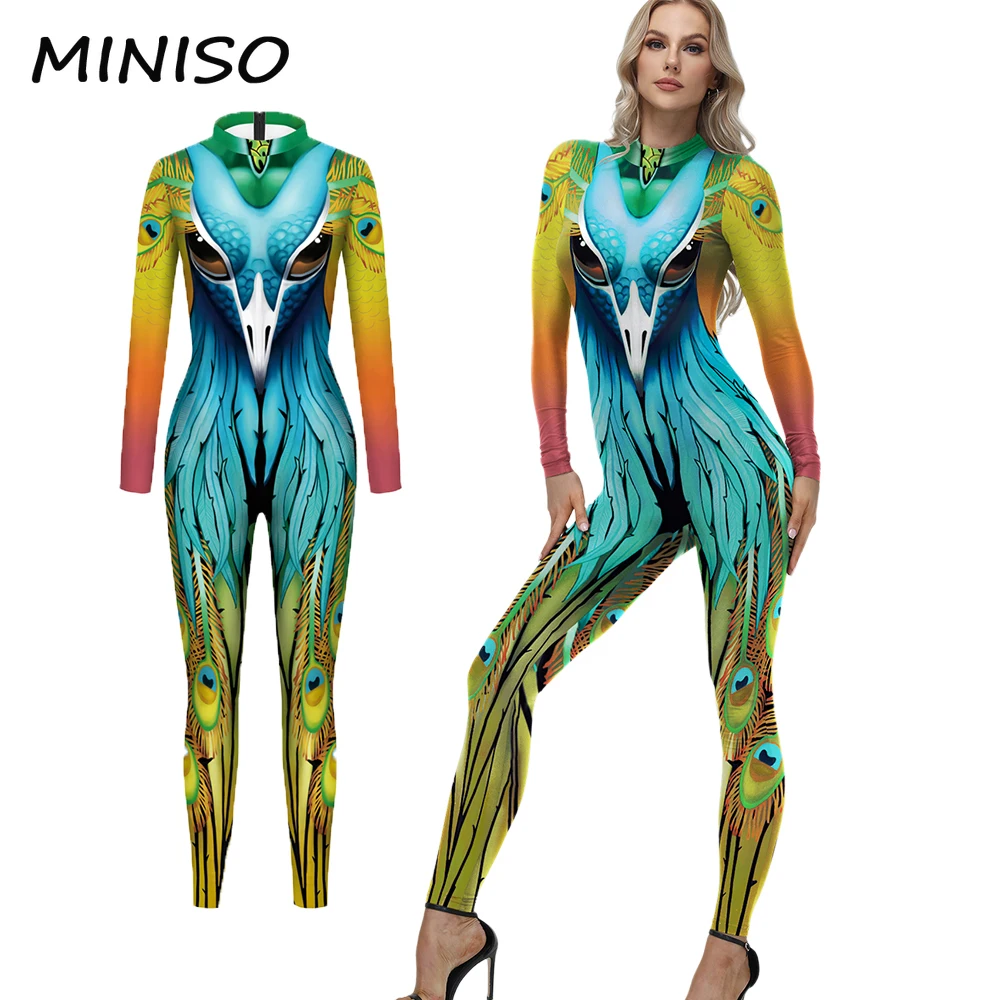 MINISO Women Cosplay Costume Animal Peacock Bird 3D Printing Zentai Bodysuits Halloween Party Dress Up Catsuit Jumpsuit