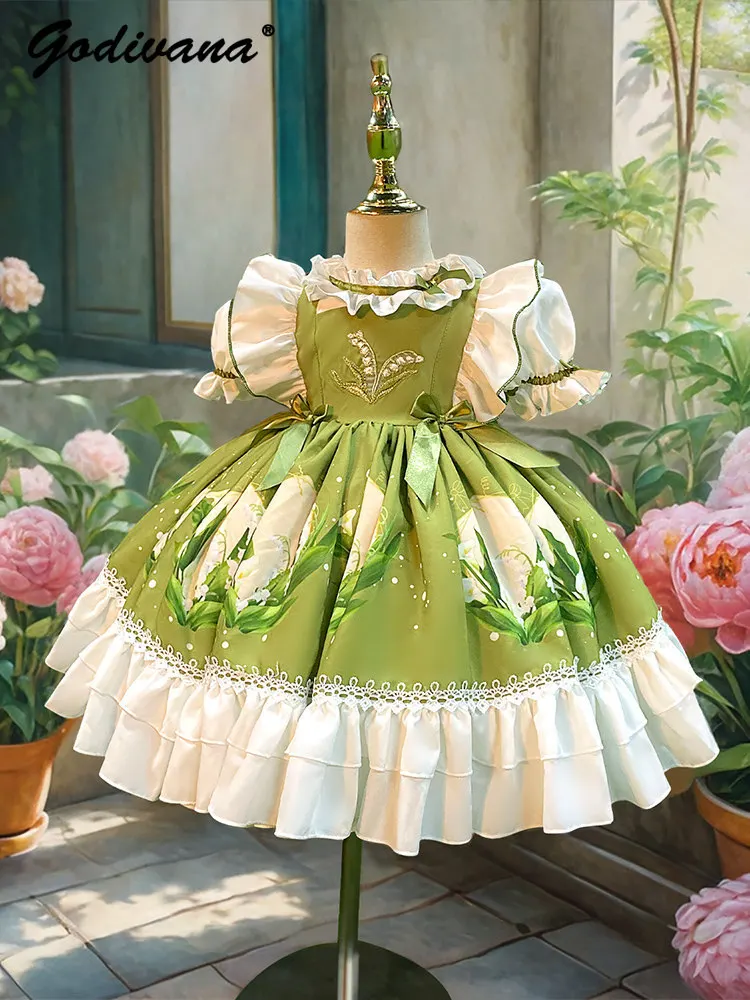 Sweet Baby Girls Spanish Lolita Princess Dress 2026 New Summer Kids Floral Print Bow Ruffle Trim Puff Sleeve High Waist Dresses