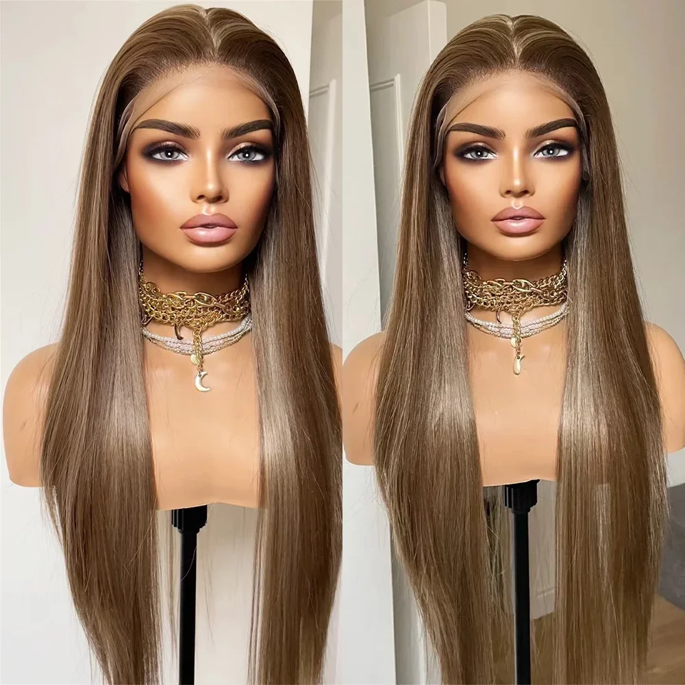 Dark Ash Brown Synthetic Lace Frontal Wig Long Straight Hair Mild Highlights Top Grade Lace Wigs Natural Look Wig Gift for Her