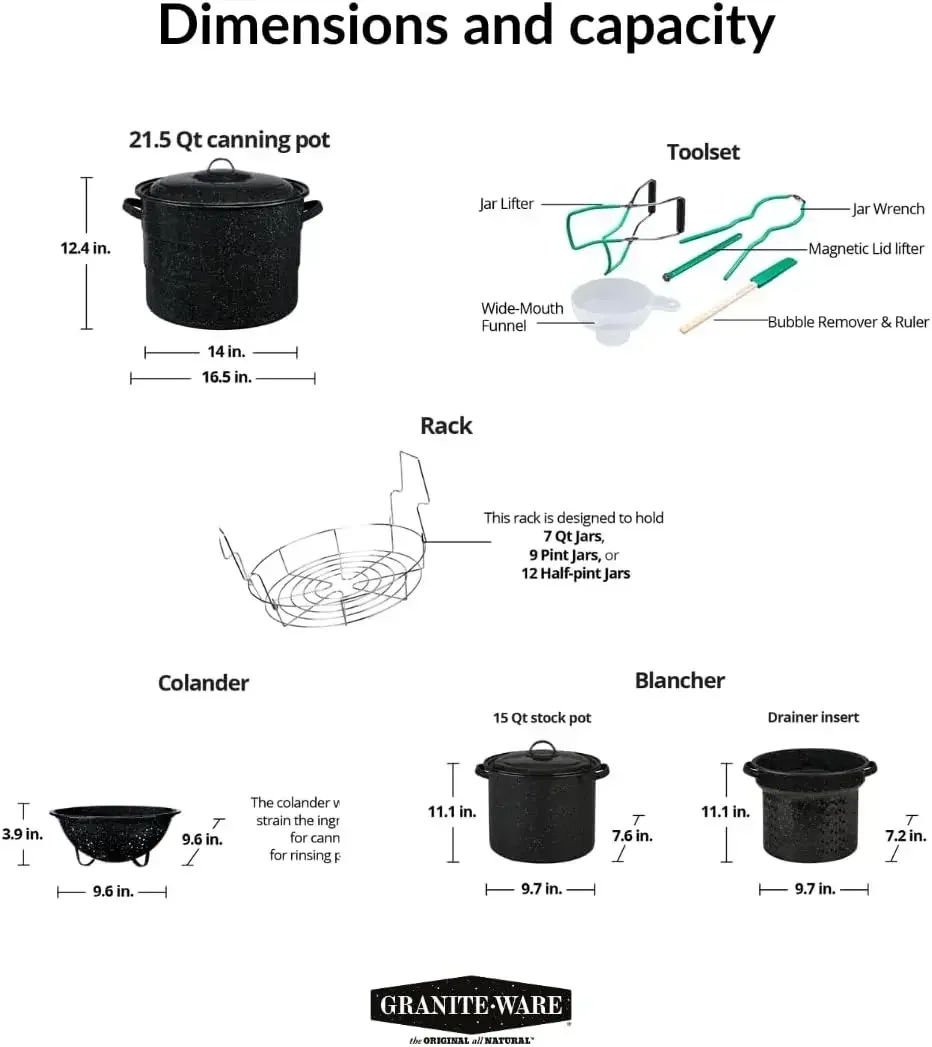 Granite Ware Enamel-on-steel 12-Piece Canner Kit, Includes 21.5 qt. Water Bath Canner with lid, Jar Rack, Blancher