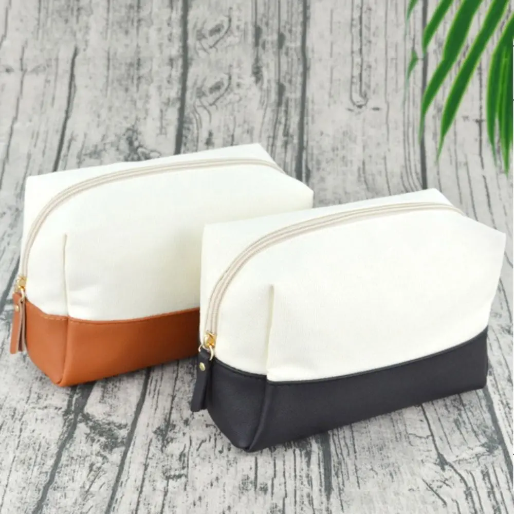 

Portable Makeup Bag Large Capacity Canvas PU Splicing Wash Purse Toiletry Bag Zipper Toiletry Case Bathroom Storage