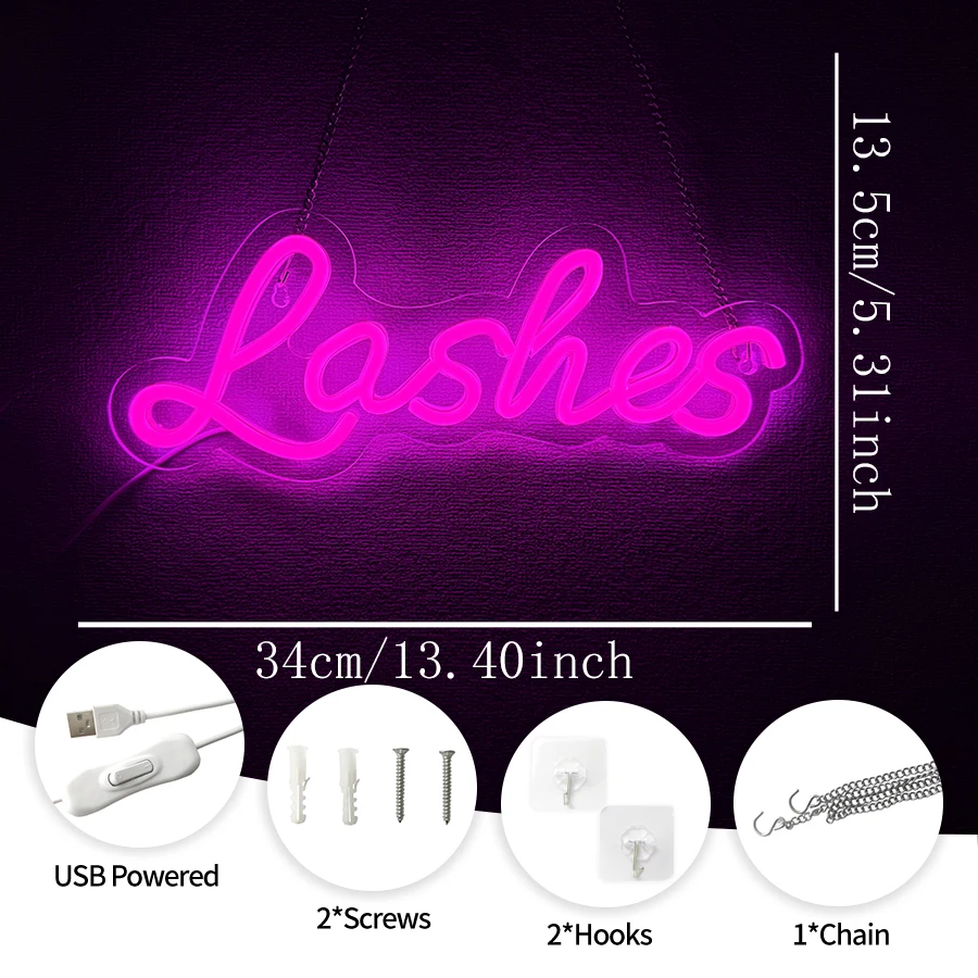 Lashes Neon Sign for Wall Decor LED Light for Business, lash salon decor, beauty makeup room, wall ornament for girls ladies