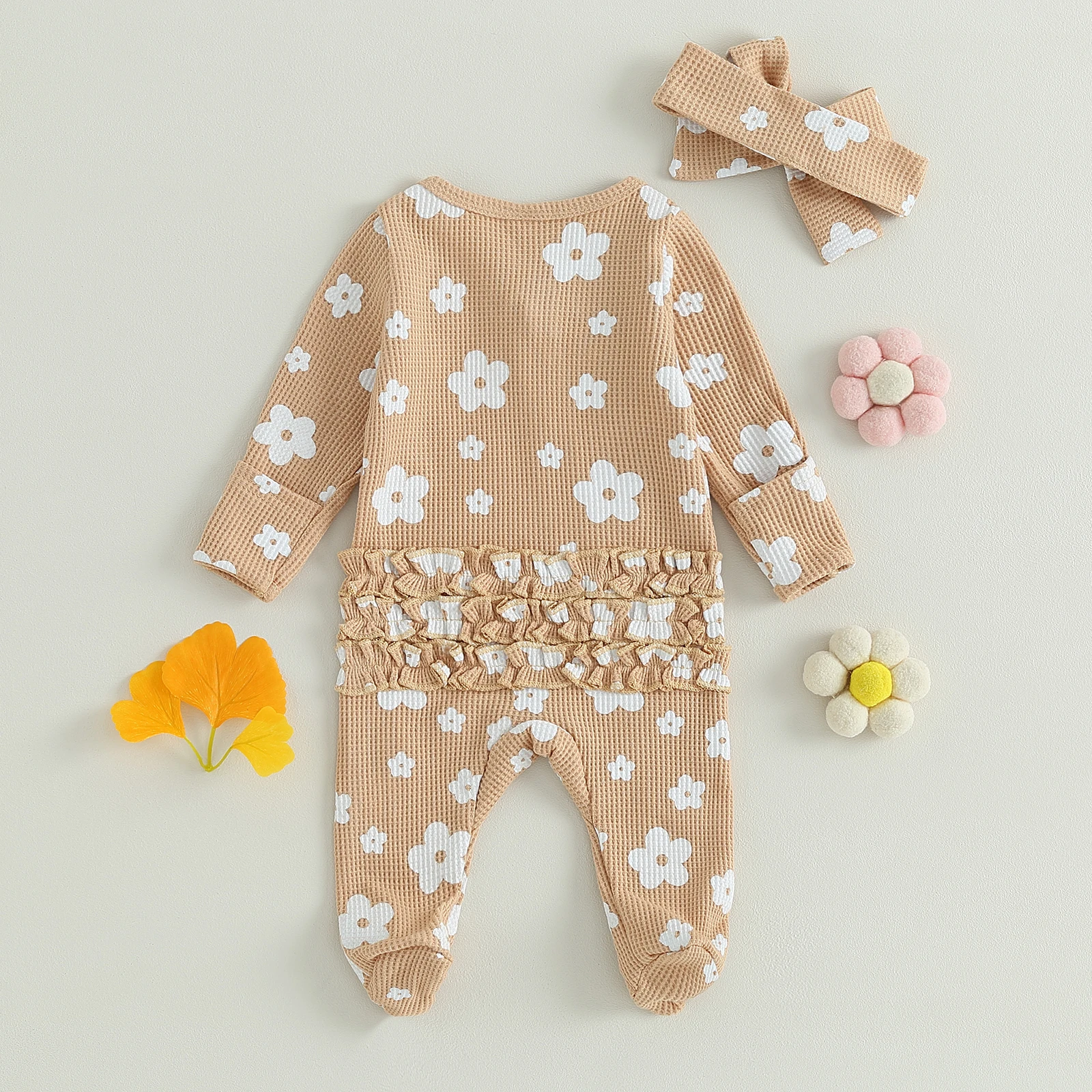 Newborn Baby Girl Ruffle Romper Waffle Knit Floral Footed Jumpsuits Long Sleeve Zipper Footie Fall Winter Outfits Baby Clothing