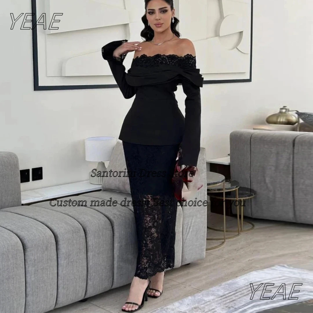 

Santorini Boat Neck Prom Dresses Ruched Long Sleeves Evening Gowns Black Ankle Length Lace Wedding Party Dress Customized