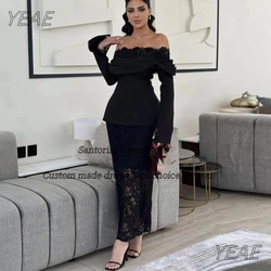 Santorini Boat Neck Prom Dresses Ruched Long Sleeves Evening Gowns Black Ankle Length Lace Wedding Party Dress Customized