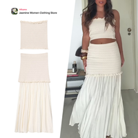 Women's Elegant Chic 2 Pieces Set Knit Bandeau Top with Exposed Shoulders & Ruffle Matching Combined Knit Skirt with Pleated Hem