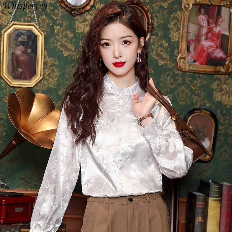 Retro Stand-up Collar Satin Long-sleeved Shirt Women's Casual Blusas De Elegantes Spring Autumn New Cheongsam Style Tops Female