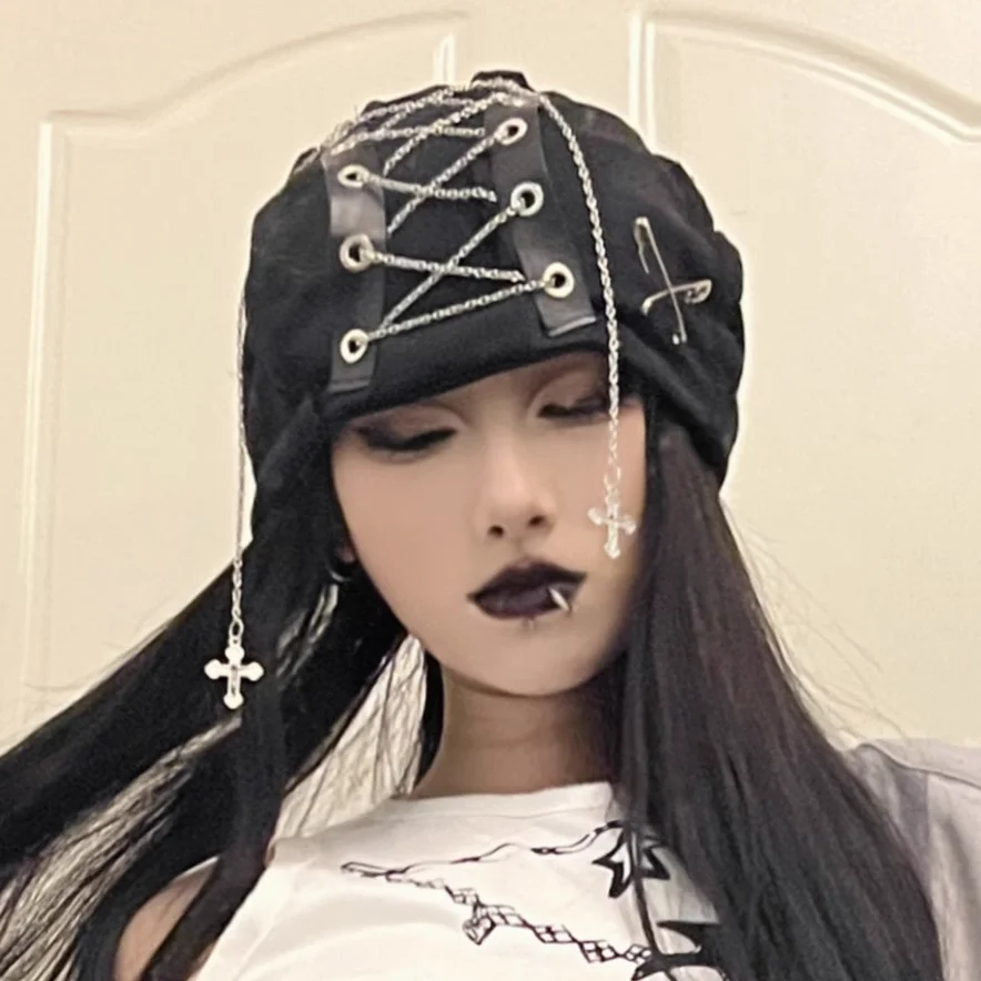 2024 Y2K DIY Subculture Original Design Chain hat Womens Punk style Hat Without Brim