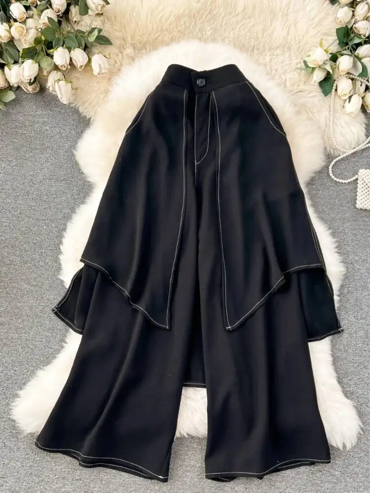 Pantaloni da donna finti in due pezzi Primavera Autunno Pantaloni larghi neri a vita alta larghi Pantaloni casual streetwear vintage femminili