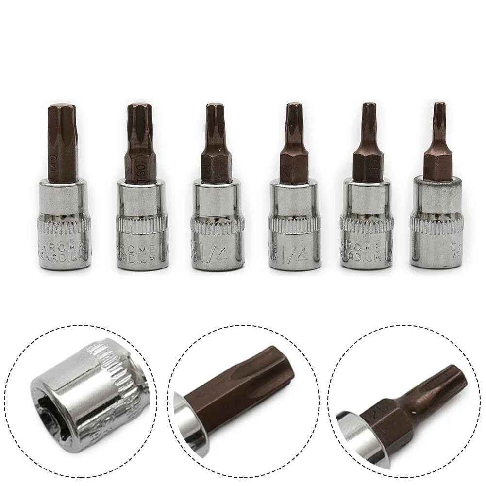 Socket Wrenches Torx Bit Socket 1/4inch 6pcs/Set Chrome Vanadium Steel Head Screwdriver Screwdriver Bit Set Brand New