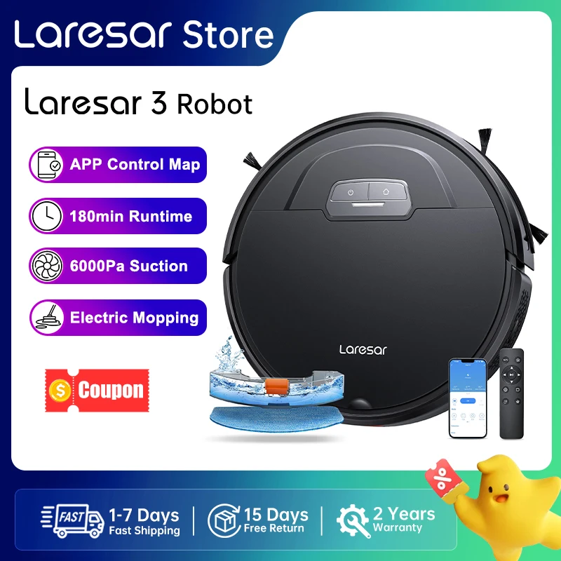 Laresar 3 Robot Vacuum Cleaner Mop 6000Pa Wireless Smart APP Control Planned Mapping Home Floor Washing Carpet Pet Hair Cleaning