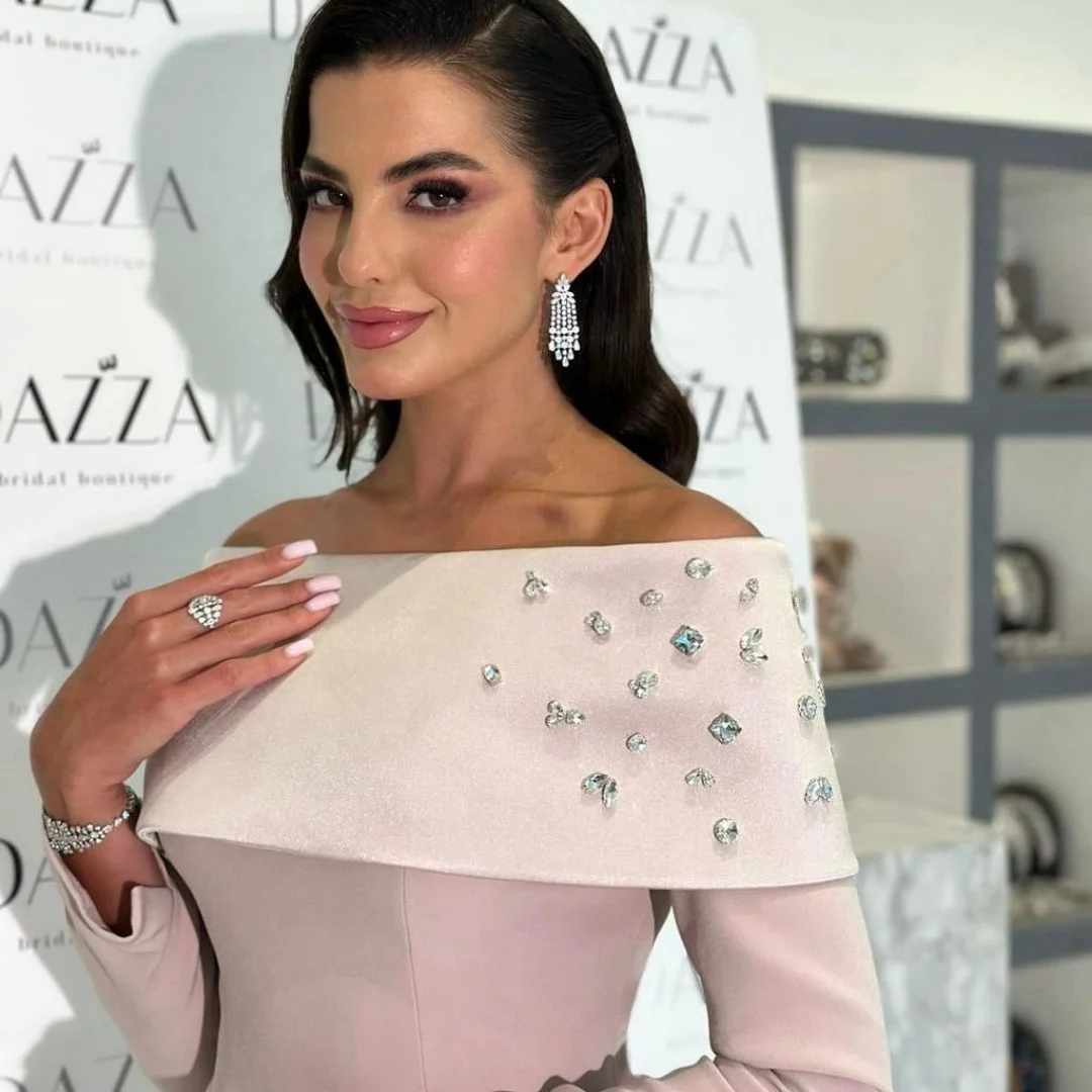 Bella personalizzato rosa glitter scialle bottoni robes de soirée maniche lunghe abiti da festa in raso pavimento-lunghezza abito da ballo a trapezio 2025