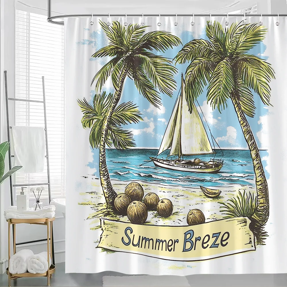 

1 шт., тропическая пляжная занавеска для душа Summer Breeze — винтажный дизайн парусника, пальмы и океанских волн — большая 70,8x70,8 дюйма
