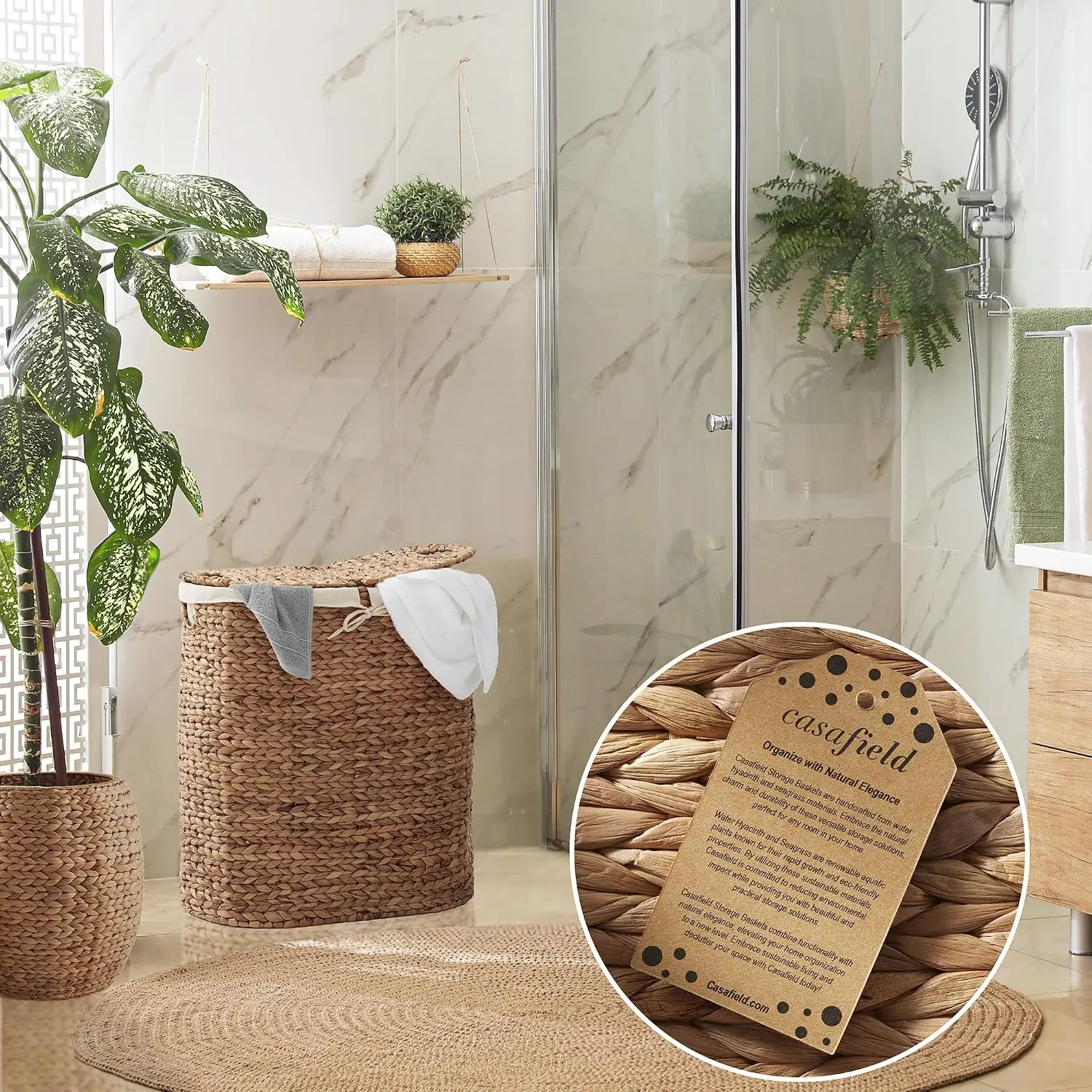 Oval Laundry Hamper with Lids and Removable Liner Bags - Cinnamon, Woven Water Hyacinth 2-Section Laundry Basket Sorter