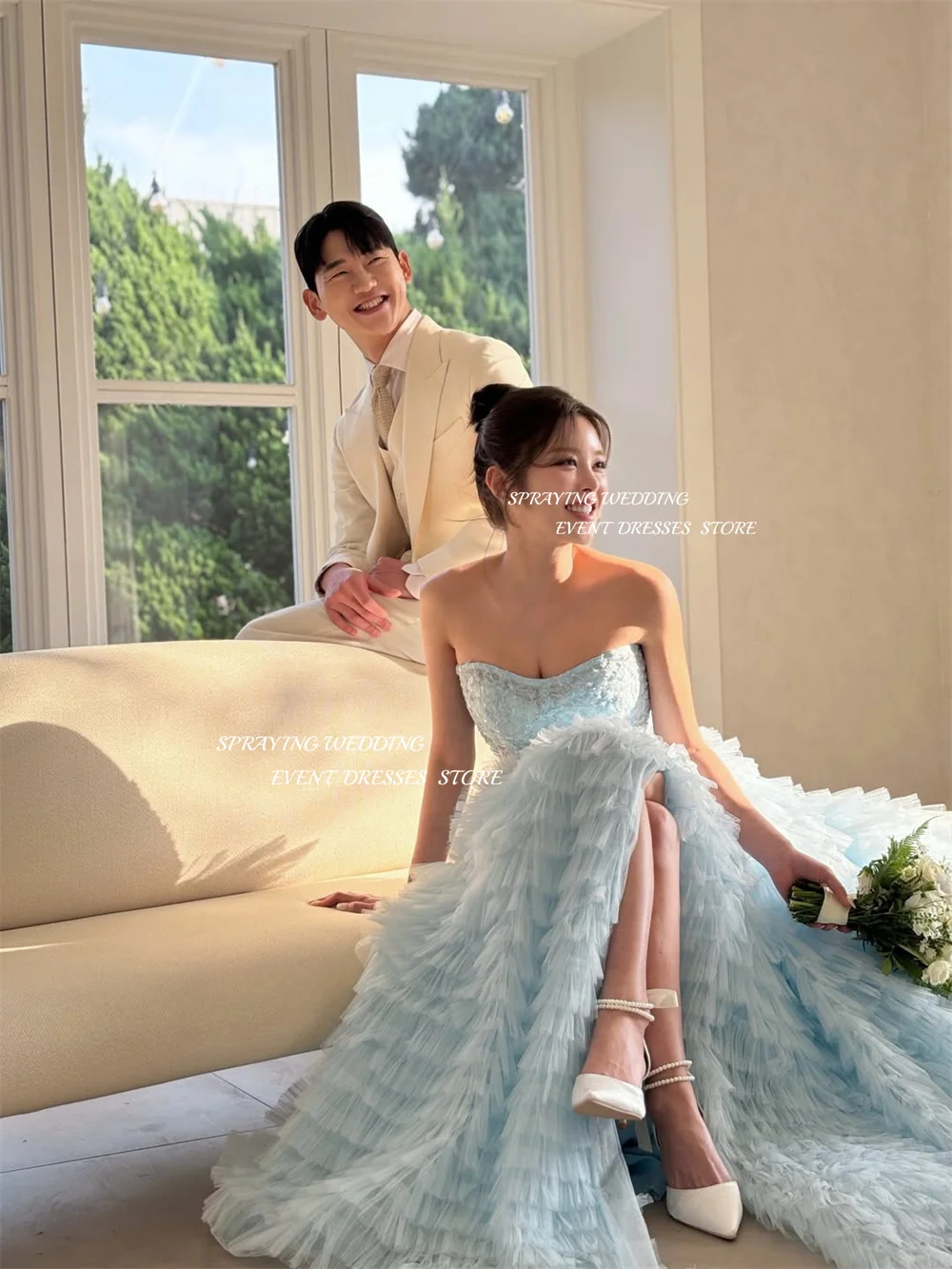 SPRAYING – robe de soirée en Tulle bleu ciel, pour séance Photo de mariage coréen, en dentelle, longue traîne, robe de soirée, Corset personnalisé