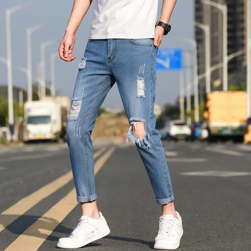 

Summer Thin Men's Jeans Korean Sle Slim Nine-Piece Small Foot Pants Trendy Brand Light-colored Casual Cotton Denim Jeans