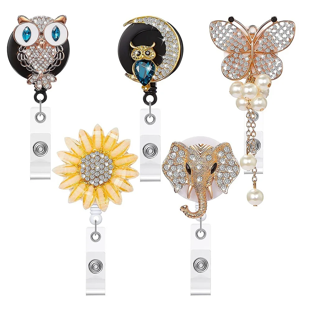 

5 Pieces Rhinestone Retractable Badge Reel Cute Animal Name ID Badge Reel Clip for Volunteer Nurse Doctor Teacher