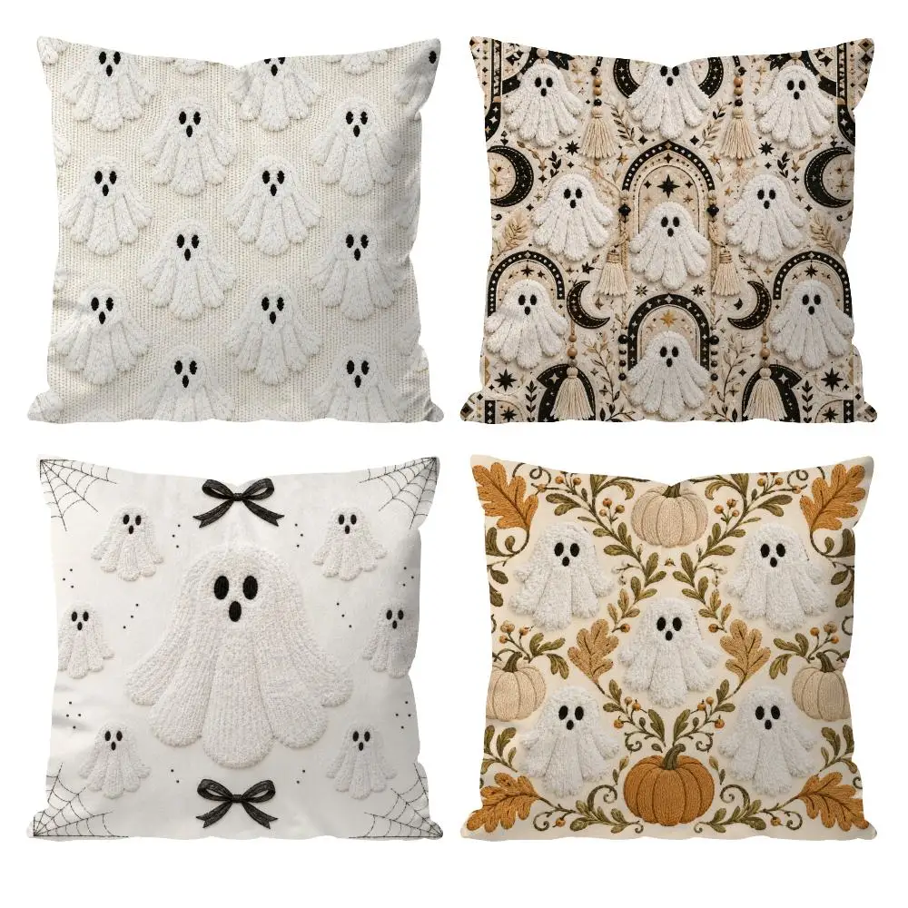 Halloween Spooky Ghost Cushion Cover Double-Sided Plush Sofa Cushion Covers Organic Breathable Invisible Zipper