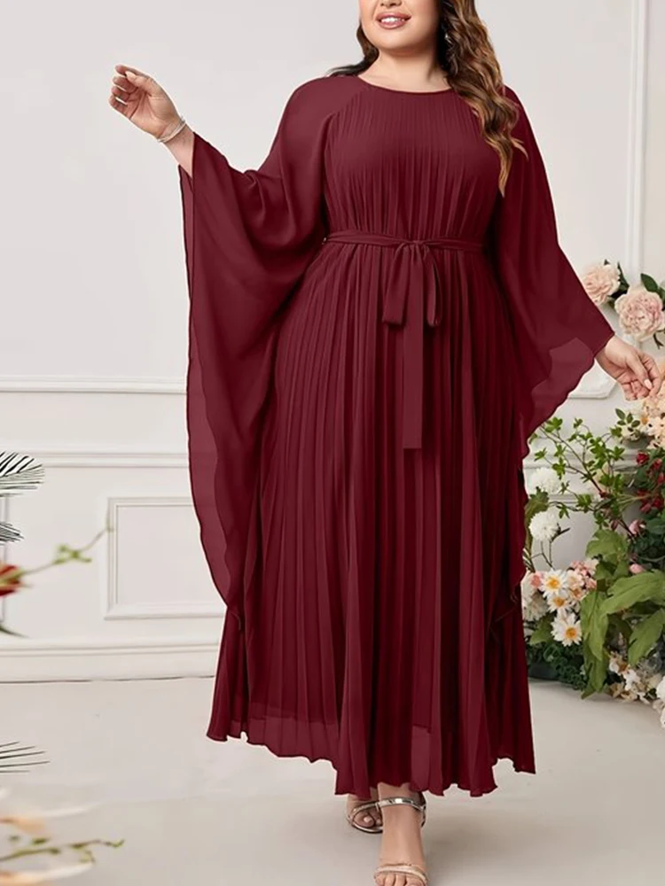 Kobiety Plus Size Plisowana Sukienka Długi Rękaw Okrągły Dekolt Solidny Vintage Casual Wiosna Jesień Eleganckie Kobiece Szyfonowe Długie Sukienki