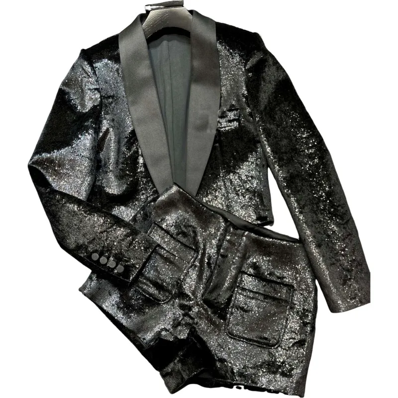 

24 Glossy Black Fabric Black Suit Jacket Suitable for Small Commuter two piece set women outfit ensembles shorts roupas