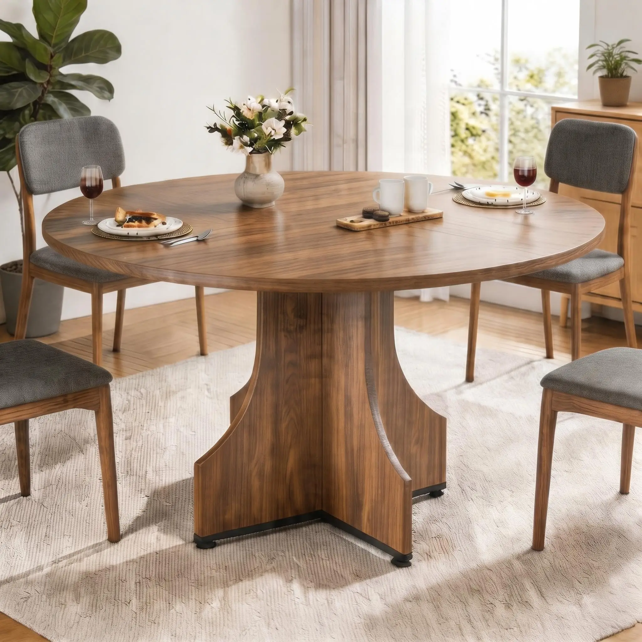 Mesa de comedor redonda de 120cm para 4-6 personas, mesa de cocina de madera de nogal negro, Base estable en forma de X, muebles modernos que ahorran espacio
