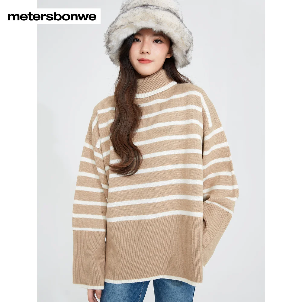 

Metersbonwe-Women's Soft Skin-Friendly Loose Sweater Jumper Ribbed High Neck Drop Shoulder Pullover Commuter Winter