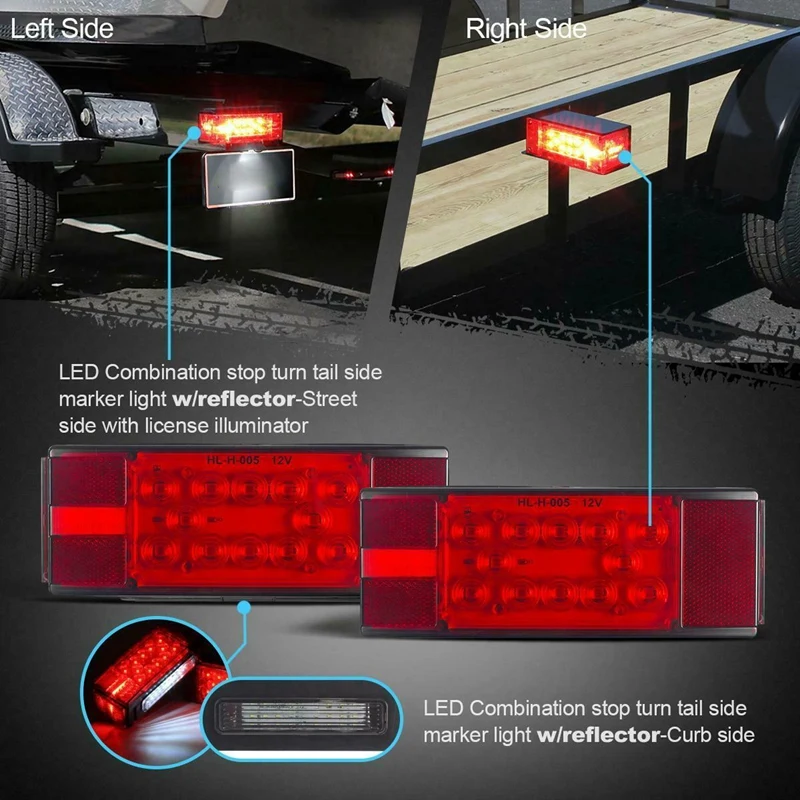 Left+Right/Over 12 LED Diodes Waterproof Red Trailer Boat Rectangle Stud Stop Turn Tail Lights