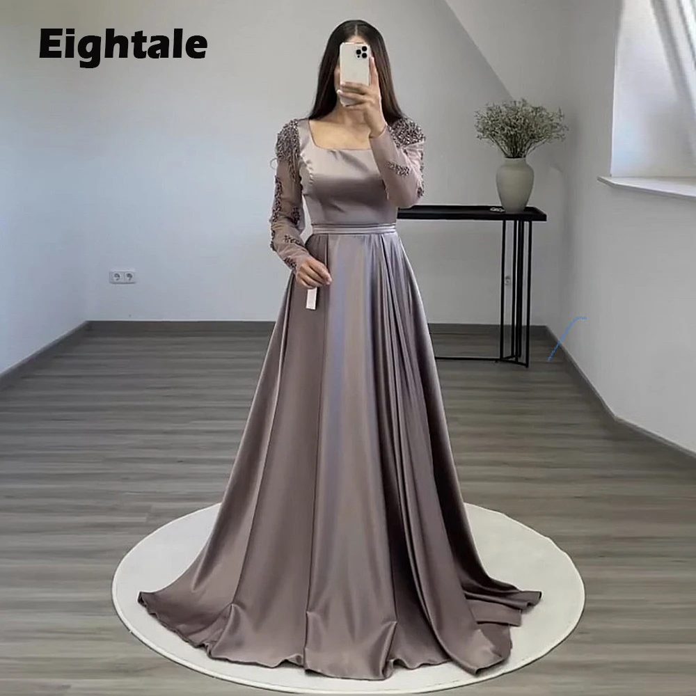 Eightale Arabic Evening Dresses with Long Sleeves Mermaid Satin Beaded A-Line Formal Celebrity Prom Party Gowns for Wedding