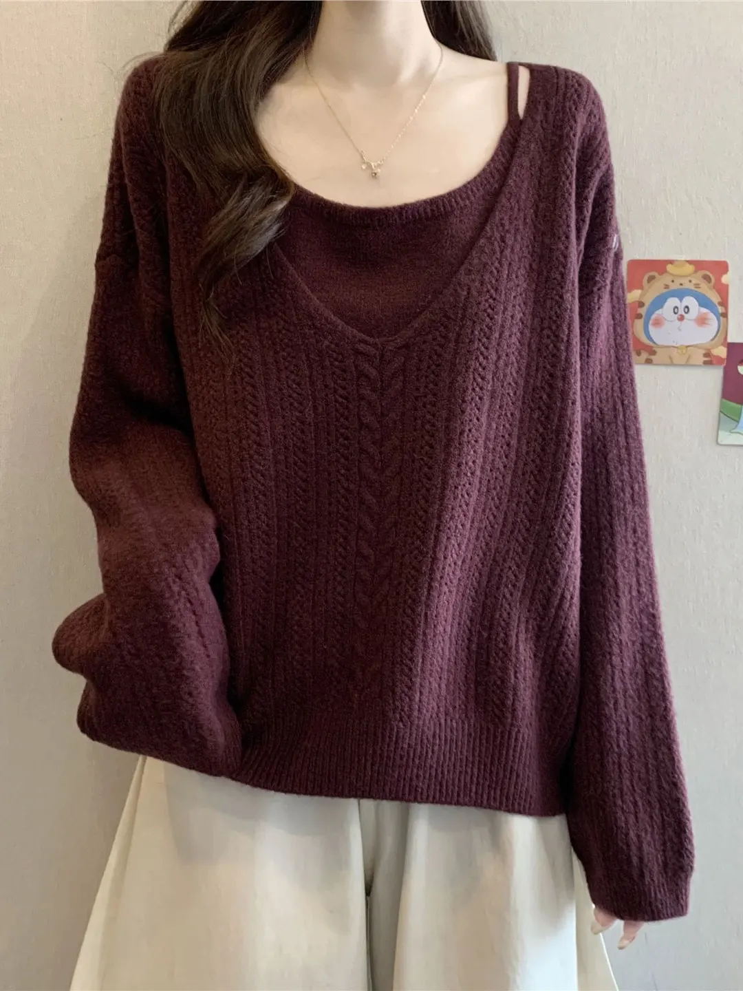 

Autumn Winter Knitted Sweater Vest Top And Outerwear Two-Piece Set for plus Size Women Comfortable Breathable Woolen Clothes