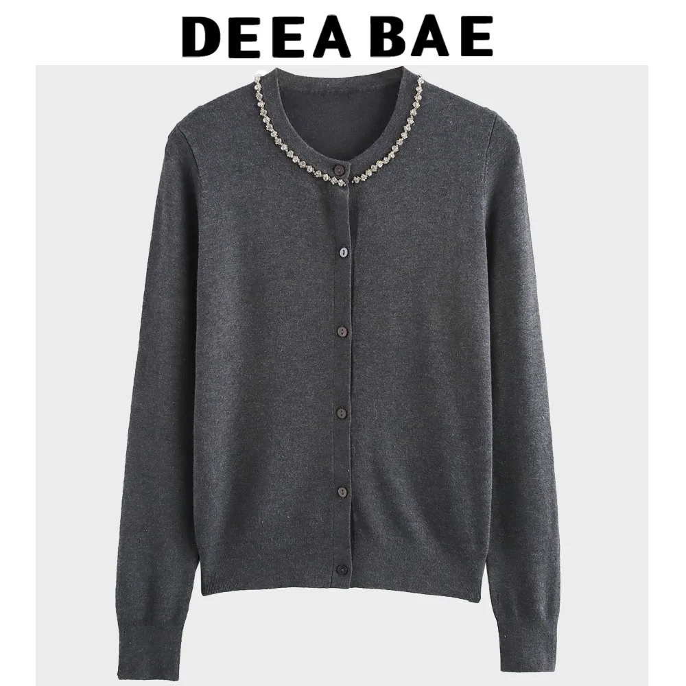 

European And American Style Winter New Small Fragrance Heavy Industry Diamond Inlaid Gray Knitted Sweater Cardigan Jacket