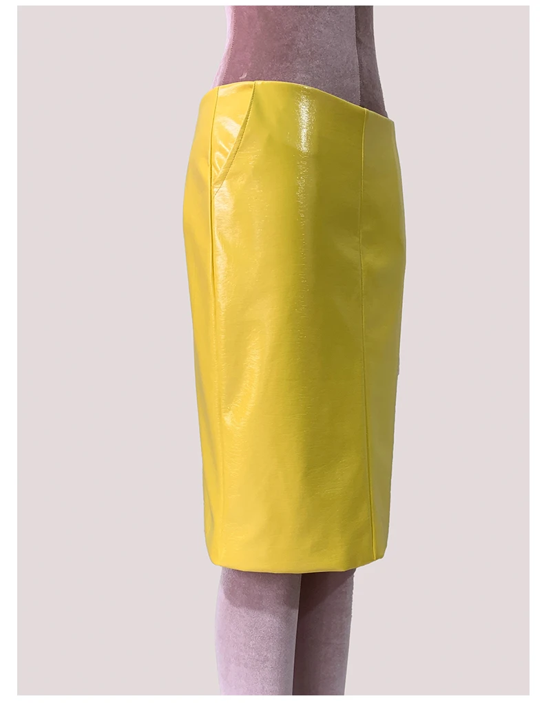 Mauroic Spring Summer Shiny Reflective Bright Yellow Faux Leather Pencil Skirt Women with Back Slit High Waist New Arrivals 2025